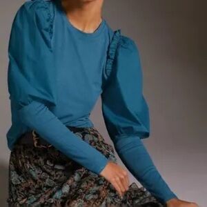 NWT Anthropologie Turquoise Sunday in Brooklyn Ruffled Contrast Top - Size S